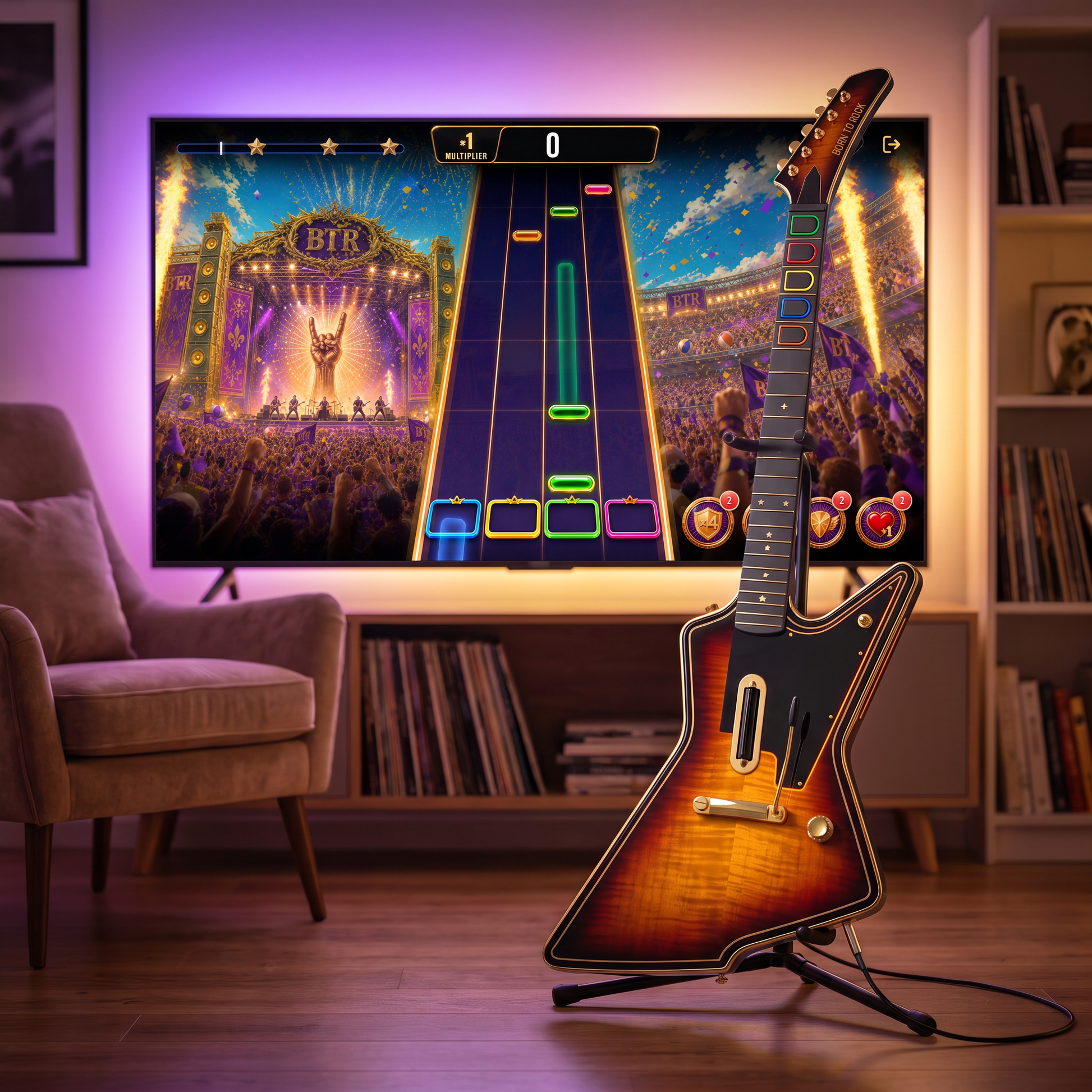 Born To Rock guitar controller on its stand in a living room, in front of a TV running the Born To Rock note highway — plug-and-play rhythm game guitar
